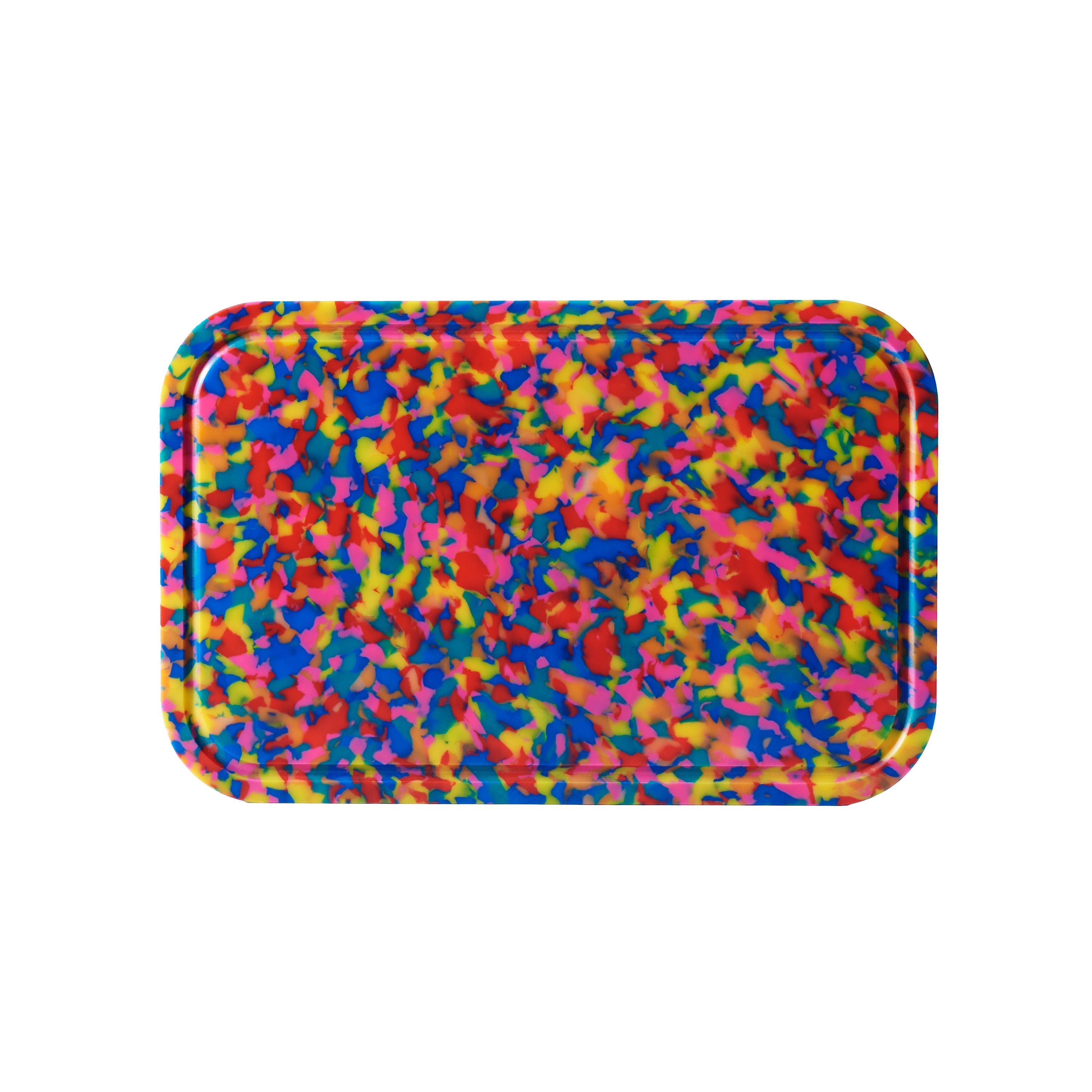 Rounded rectangular cutting board with all-over multicolour confetti design, made from recycled BPA-free plastic