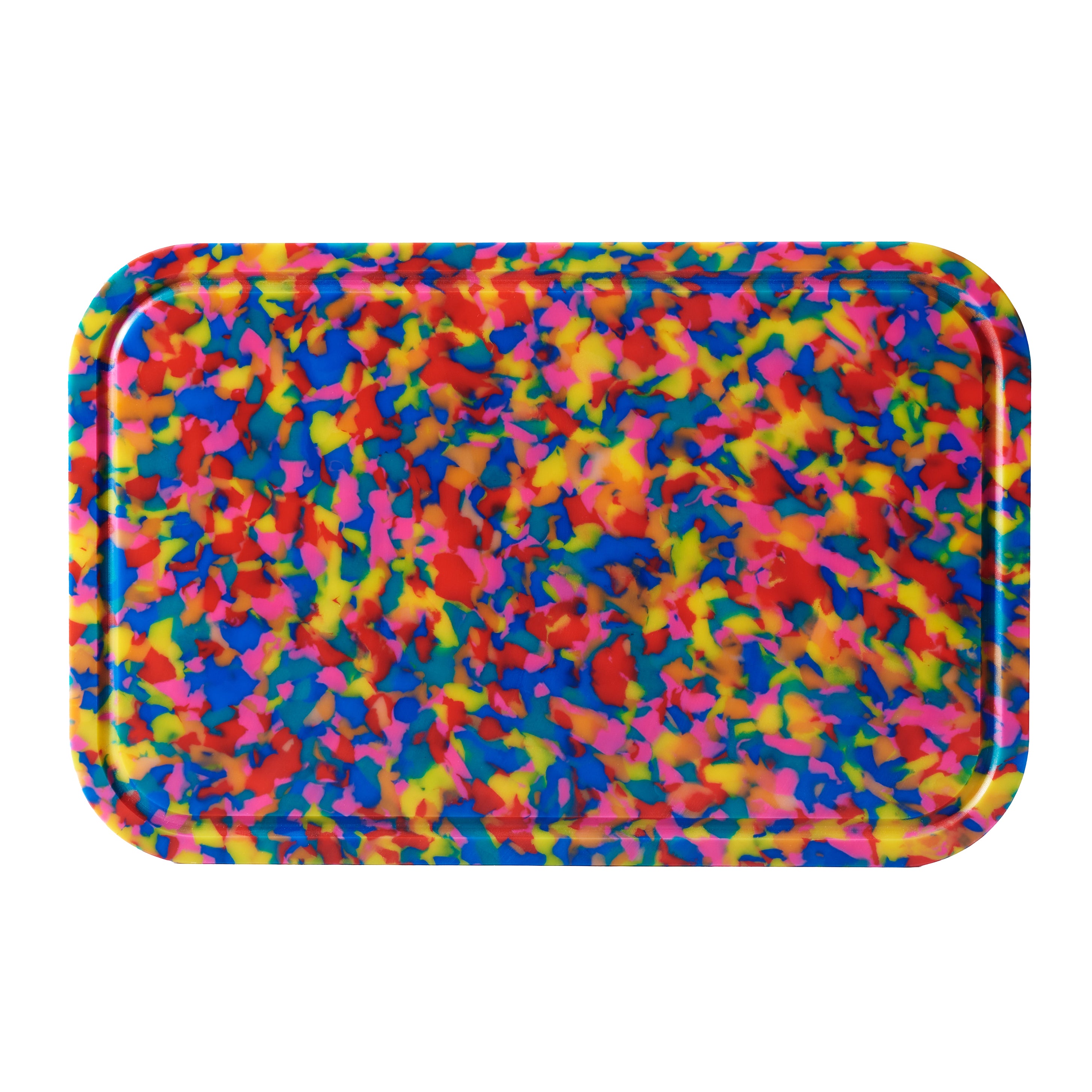 Rounded rectangular cutting board with dense multicolour confetti pattern, made from recycled BPA-free plastic