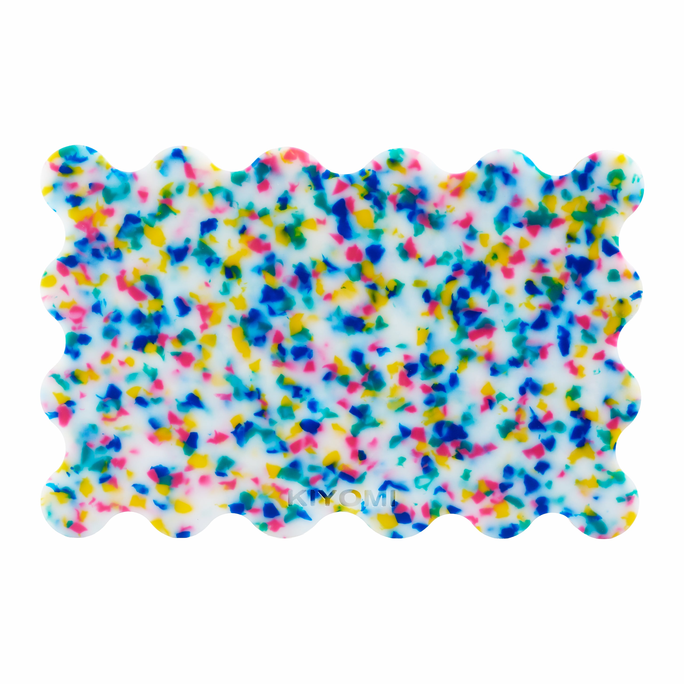 Scalloped cutting board with multicolour terrazzo-style speckles on a soft white base, made from recycled BPA-free plastic