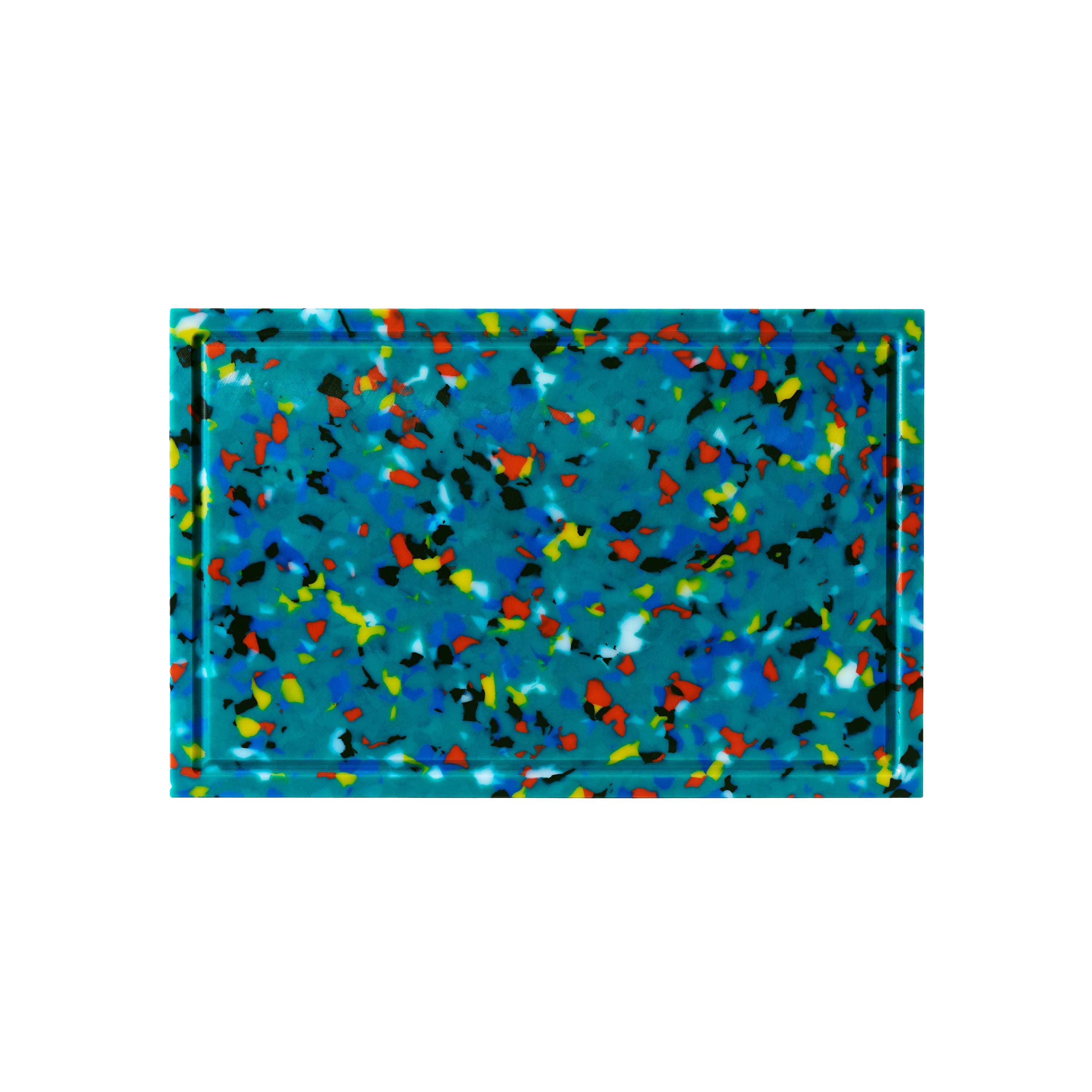 Green rectangular cutting board with colourful speckles, made from recycled BPA-free plastic