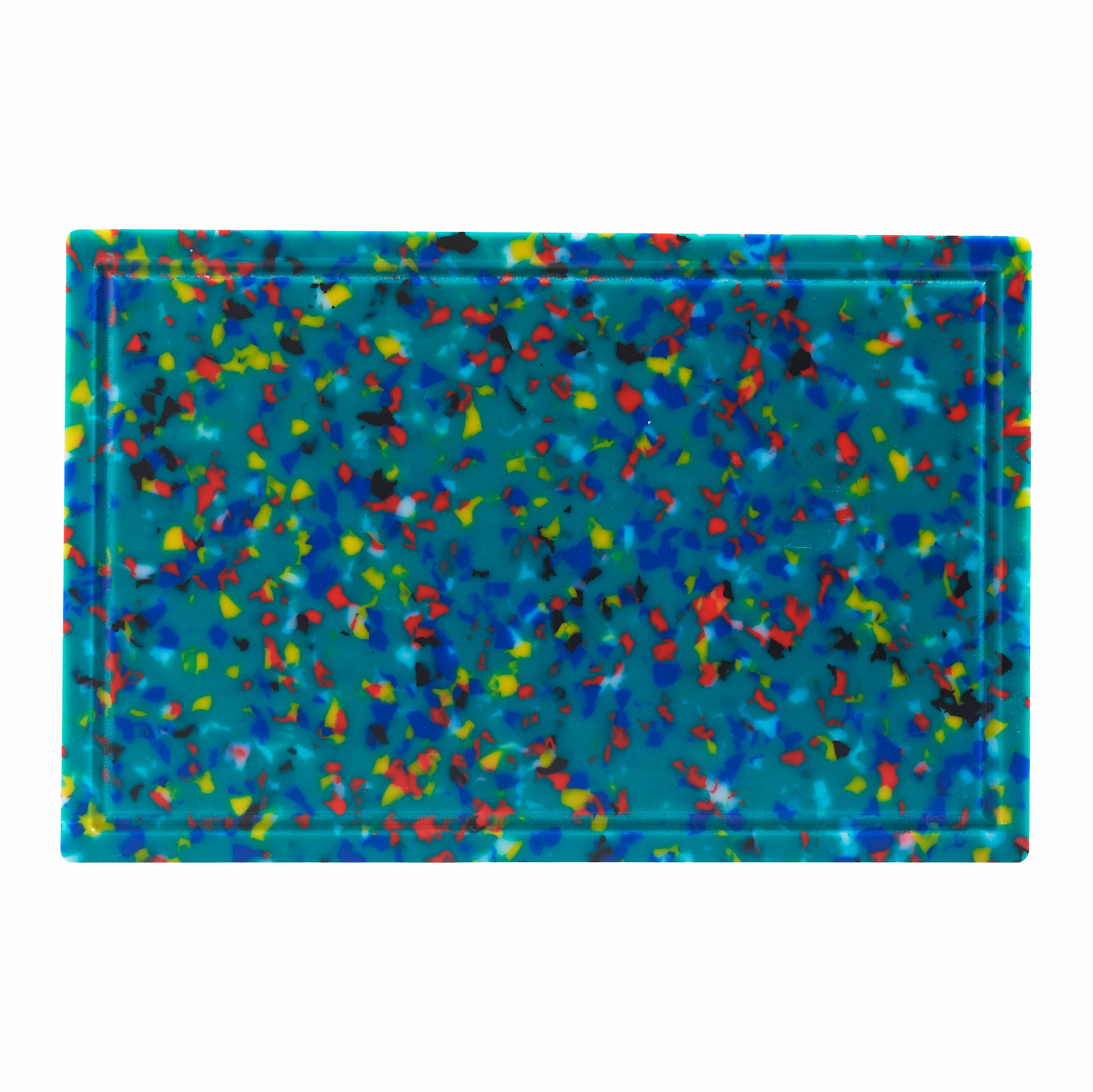Deep green rectangular cutting board with multicoloured speckles, made from recycled BPA-free plastic